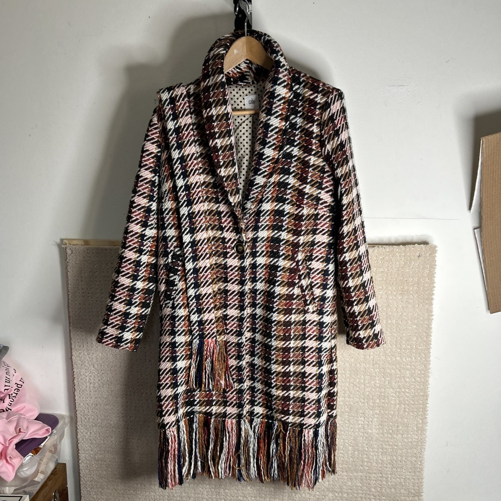 Cabi Coat Jacket Womens Size S Multicolor Fringe Hem One Button Front With Belt